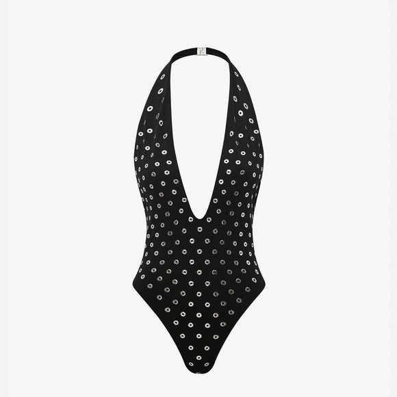 Alaia Other - Alaia NWOT Black and Silver Eyelet Deep V One Piece Swimsuit Size 34